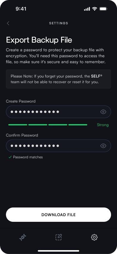 The Export Backup option, with a password prompt