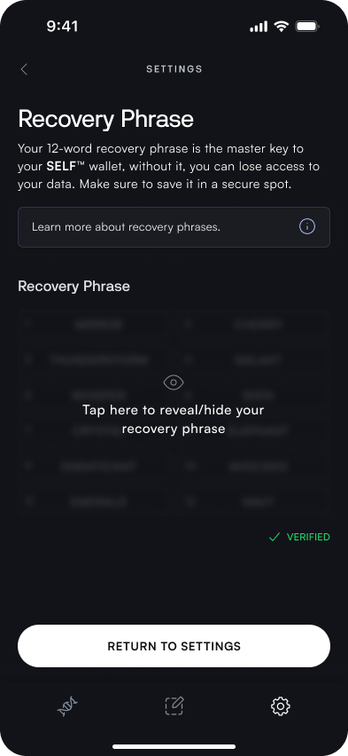 The Recovery Phrase view, showing the option to reveal the hidden recovery phrase