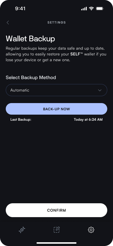 The Wallet Backup option in the SELF app, showing the automatic backup toggle